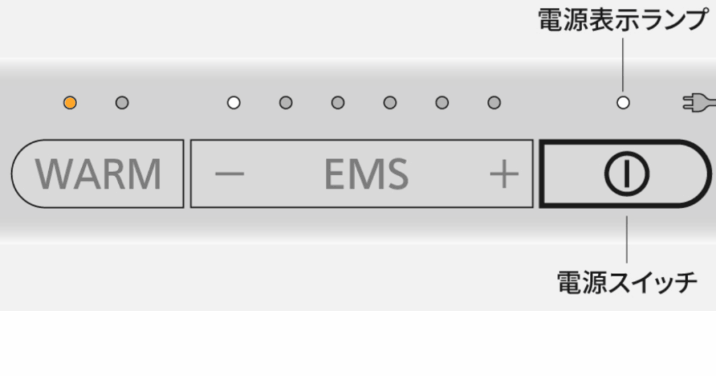 電源がついたかが確認できる初期設定時の特徴

電源ランプが【白】

EMS表示ランプが【1】白色

温感レベル表示ランプが【低】橙色